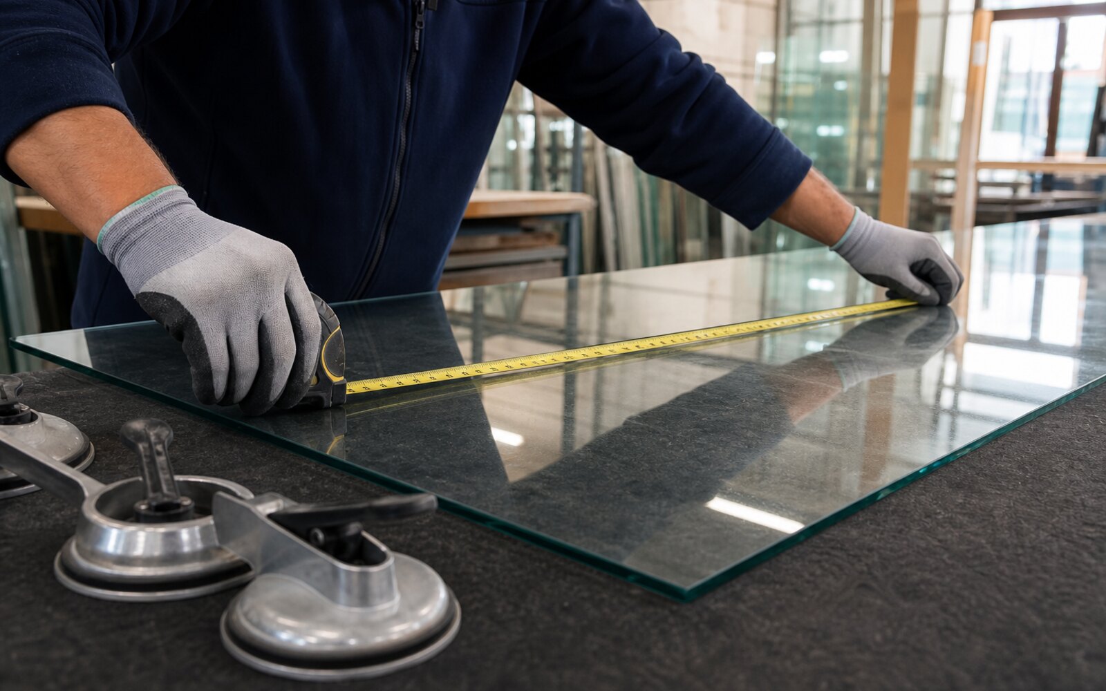 Plaque de verre mesurée avec mètre et ventouses dans un atelier
